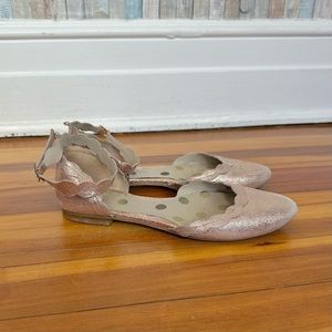Boden 38 7.5 Rose Gold Metallic Suede Scalloped Elsie Ballet Flat Ankle Strap